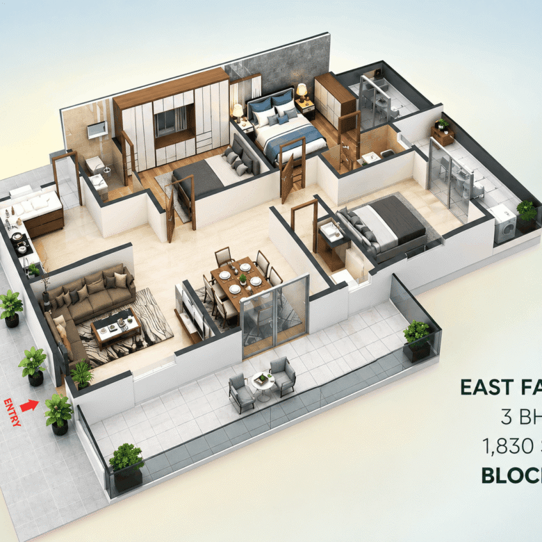 East-facing 3 BHK apartment floor plan with living room, dining area, kitchen, three bedrooms, bathrooms, and a spacious balcony, 1,830 sq ft, Block A.