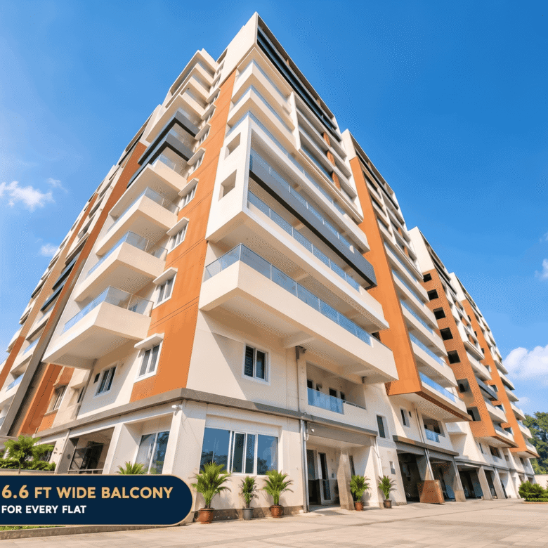 A view of a modern multi-story apartment building against a clear blue sky, showing its architectural details, balconies, and the entrance.